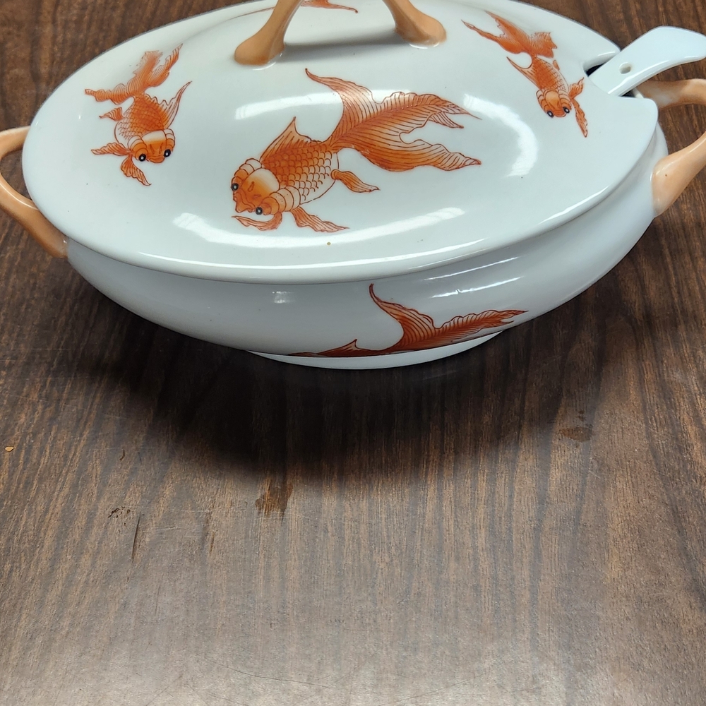 White Porcelain Covered Serving Dish with Orange Koi Fish